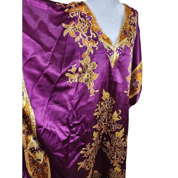 Purple & Gold Satin Kaftan Bohemian Boho Festival Hippy Maxi Pattern Print 70s - Picture 4 of 5
